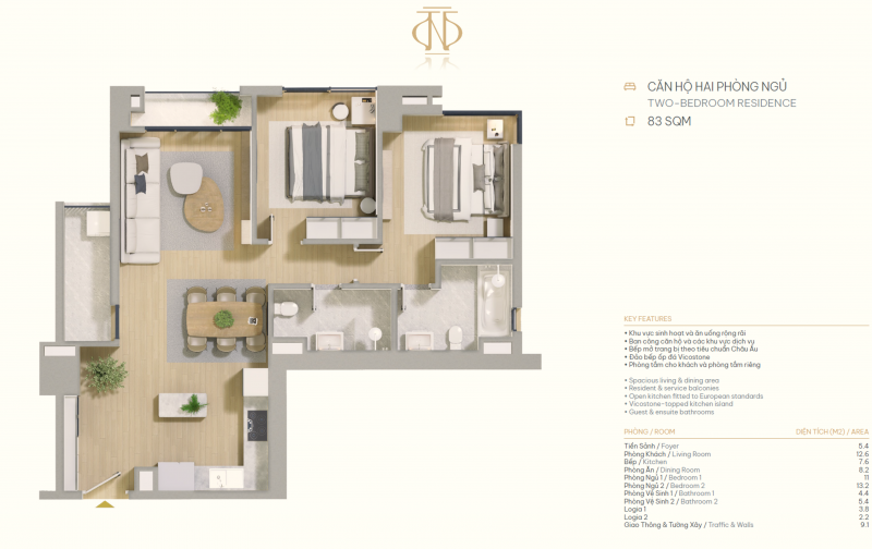 Quỹ căn độc quyền The Nelson Private Residences 2PN từ 83 - 87 m2.